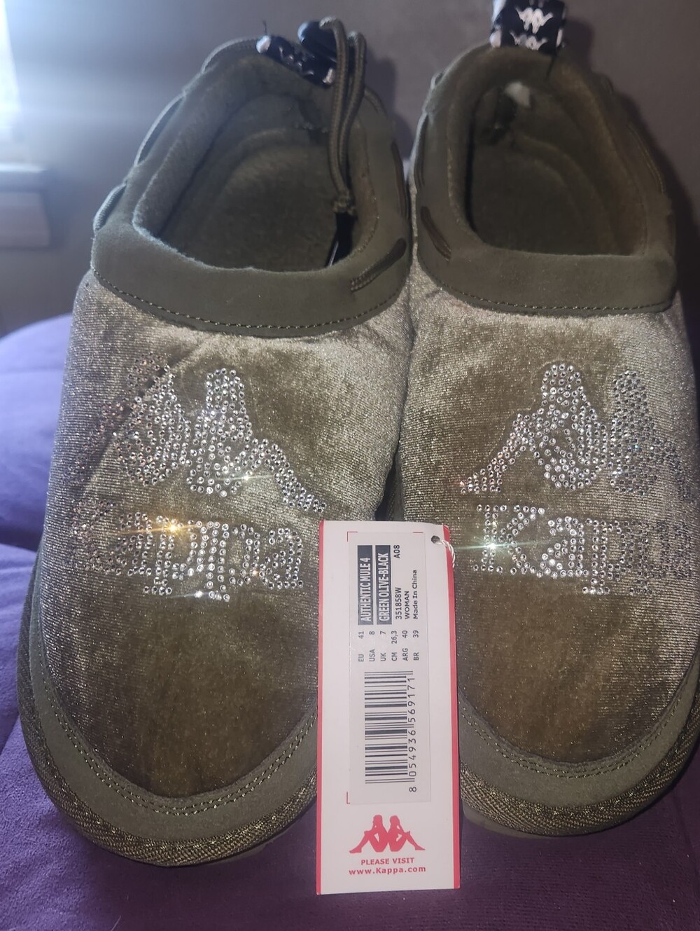 WOMEN'S Olive Green Slip-On Slippers with Rhinestone Logo Accent